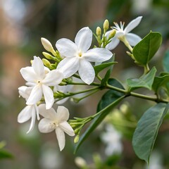 Obraz premium White blooming jasmine flowerin in a garden with blurred green background