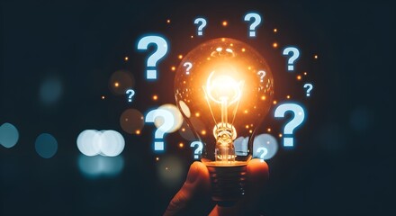 Hand holding a glowing light bulb surrounded by question marks symbolizing ideas and seeking answers