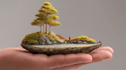 Miniature Bonsai Tree Landscape in Hand.