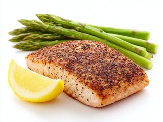 Delicious grilled salmon fillet with asparagus and lemon