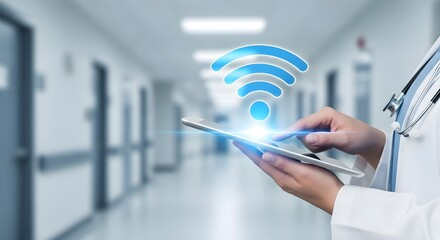 Doctor using tablet with wi fi symbol in modern hospital hallway for telehealth and digital health