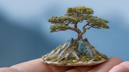 Miniature Bonsai Tree Landscape in Hand.