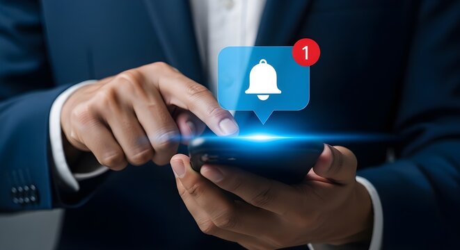 Person in a suit using a smartphone with a notification bell icon and a red circle with the number one - Powered by Adobe