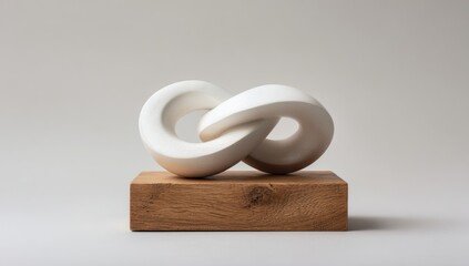 Abstract, white, knot sculpture on wooden base
