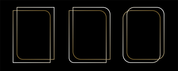 Thin golden frame set. Gold geometric border collection in art deco style. Thin linear shining rectangular shape bundle. Brass glowing shiny boarder element pack for photo, cadre, poster, card. Vector