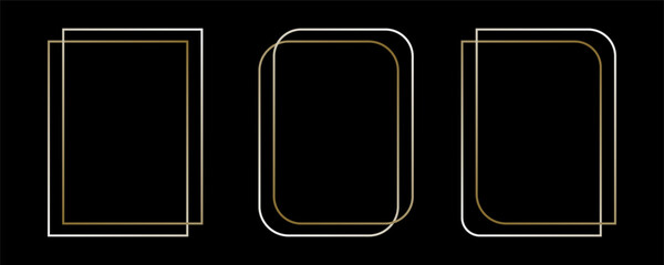 Thin golden frame set. Gold geometric border collection in art deco style. Thin linear shining rectangular shape bundle. Brass glowing shiny boarder element pack for photo, cadre, poster, card. Vector