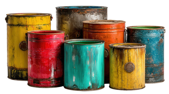 Old paint cans background isolated on a Transparent background, PNG file.