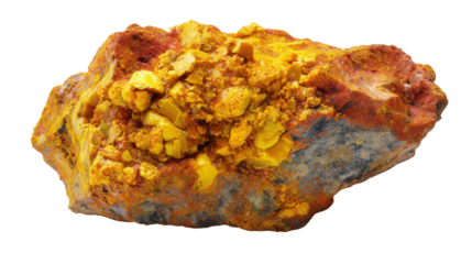 Orpiment yellow arsenic mineral lump background isolated on a Transparent background, PNG file.
