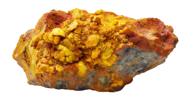Orpiment yellow arsenic mineral lump background isolated on a Transparent background, PNG file.