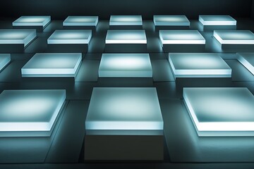 A grid of perfectly aligned light blue squares and dark gray rectangles, their edges softly glowing as if illuminated from within --