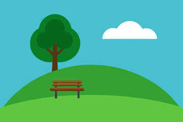 Green Hill with a Wooden Bench Under Tree