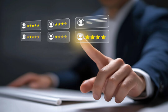 Customer feedback and review good rating concept, person in a business suit interacting with floating digital 5-star customer reviews. testimonial and testimony, user comment and feedback for review.
