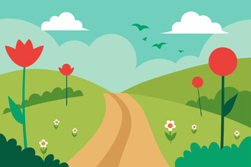 Meadow Path with Tall Flowers and Birds Vector
