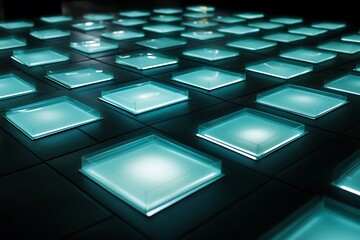 A grid of perfectly aligned light blue squares and dark gray rectangles, their edges softly glowing as if illuminated from within --