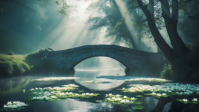 Stone bridge over a peaceful lake with lily pads