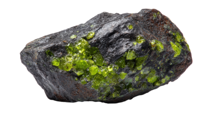Peridotite dark igneous mineral lump background isolated on a Transparent background, PNG file.