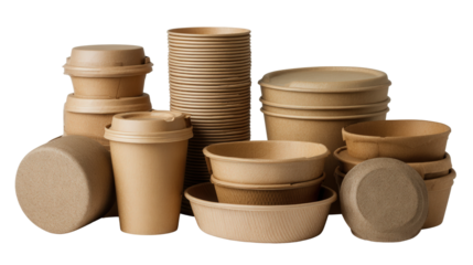 Pile of biodegradable containers background isolated on a Transparent background, PNG file.