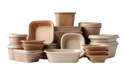 Pile of biodegradable containers background isolated on a Transparent background, PNG file.