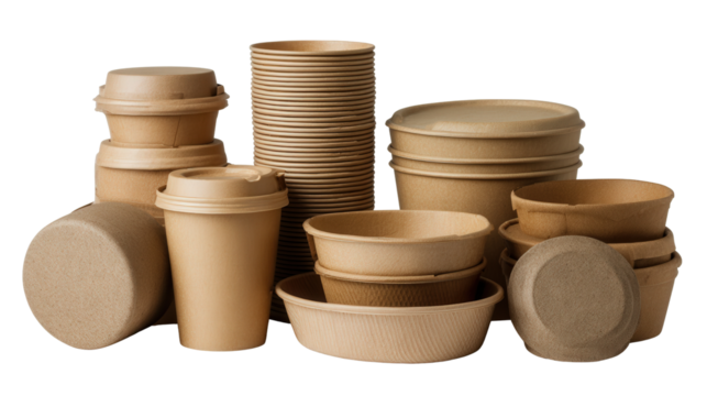 Pile of biodegradable containers background isolated on a Transparent background, PNG file.