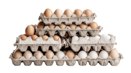 Pile of egg cartons stacked for recycling background isolated on a Transparent background, PNG file.