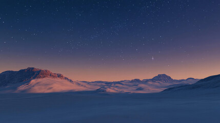 Calm Desert Landscape at Dusk with Orange Sand Dunes and Clear Starry Night Sky