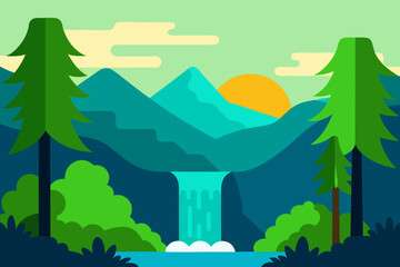 Wild Nature Scene With Waterfall And Forest