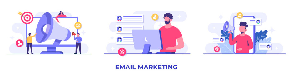 Set of email marketing campaign flat illustrations, Online business strategy, Advertising, Email newsletter, messaging, Marketing concept for landing page, web banner, social media, infographic