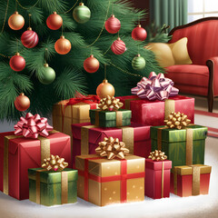 Festive christmas tree with ornaments and a pile of beautifully wrapped gifts