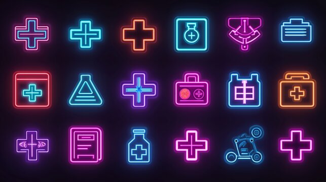 Neon Healthcare System Icons on Abstract Gradient Background. - Powered by Adobe