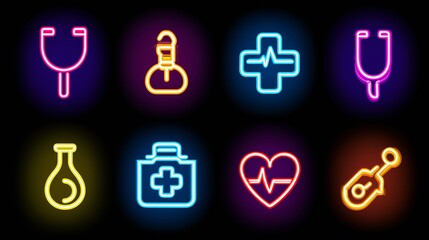 Neon Healthcare System Icons on Abstract Gradient Background.