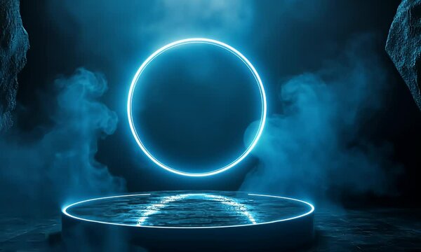 Abstract futuristic blue technology background with a glowing round podium and holographic elements for product presentation in a virtual space or digital scene,