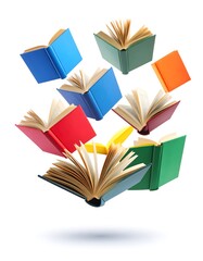 Several colorful books floating mid-air against a white background, some are open, creating a dynamic composition.