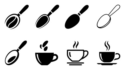 Vector art of a collection of coffee icons featuring cups, spoons, and coffee beans isolated on white background