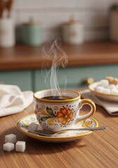 Obraz premium Aromatic Espresso in a Floral Cup - A steaming cup of espresso in a decorative floral cup sits on a saucer, symbolizing warmth, comfort, morning ritual, home ambiance, and a moment of peace