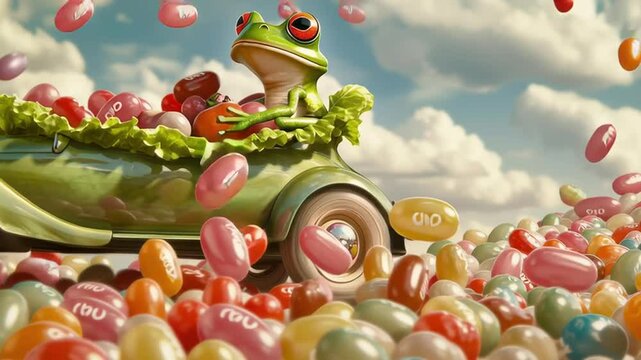 A whimsical journey with a frog driving a vintage car through a candy land landscape