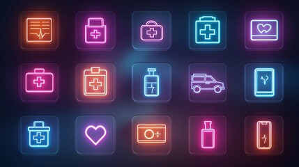 Neon Healthcare System Icons on Abstract Gradient Background.