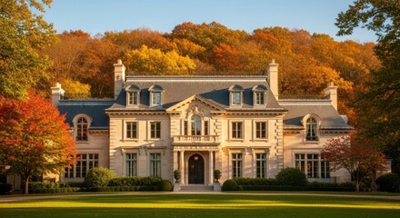Autumnal Mansion Estate - Grand estate showcasing classic architecture amidst vibrant autumn foliage. Perfect for luxury real estate, home decor, and fall-themed projects