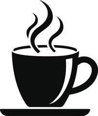 Minimal clean black silhouette icon of a coffee cup on white background.