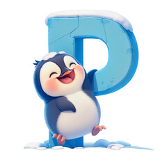 Penguin illustration with letter p winter wonderland cute animal design transparent background