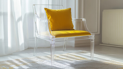 Clear Acrylic Chair with Yellow Accents on Neutral Rug in Bright, Airy Room – Minimalist Modern Interior Styling