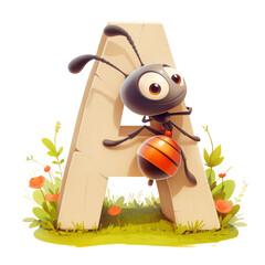 Ant illustration with letter a on transparent background in nature environment playful concept