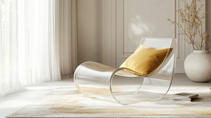 Clear Acrylic Chair with Yellow Accents on Neutral Rug in Bright, Airy Room – Minimalist Modern Interior Styling