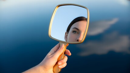 A hand holding a golden handheld mirror, reflecting a woman's eye and forehead, with a blurred blue sky and clouds in the background.