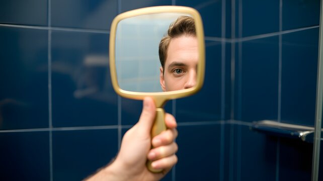 A hand holding a golden handheld mirror reflecting a man's eye and forehead, set against a blue tiled bathroom wall, focusing on self-perception.