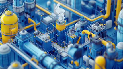 Stylized isometric 3D illustration of a futuristic blue and yellow industrial plant