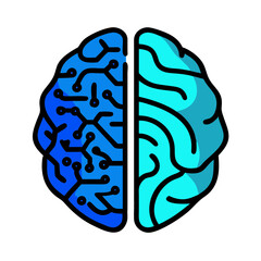 Human brain illustration with half digital design in blue and turquoise colors on white background