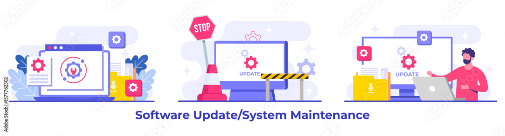 Wall mural system maintenance, error, fixing trouble, device updating, software system under maintenance vector