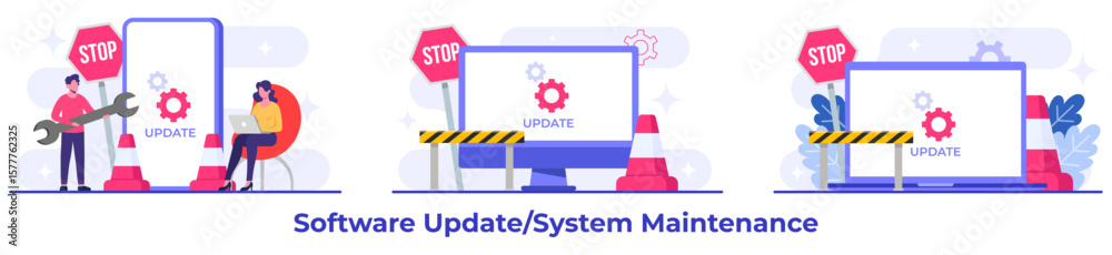 Wall mural system maintenance, error, fixing trouble, device updating, software system under maintenance vector