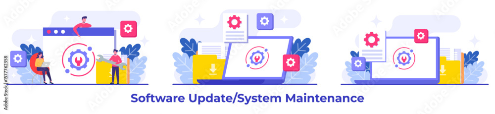 Wall mural system maintenance, error, fixing trouble, device updating, software system under maintenance vector