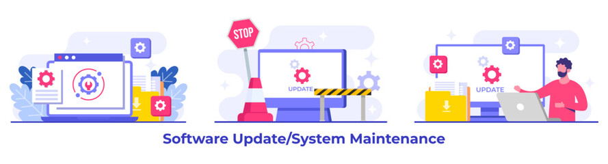 System maintenance, Error, Fixing trouble, Device updating, Software system under maintenance vector illustration, Software upgrade process on devices, System update, People update operation system
